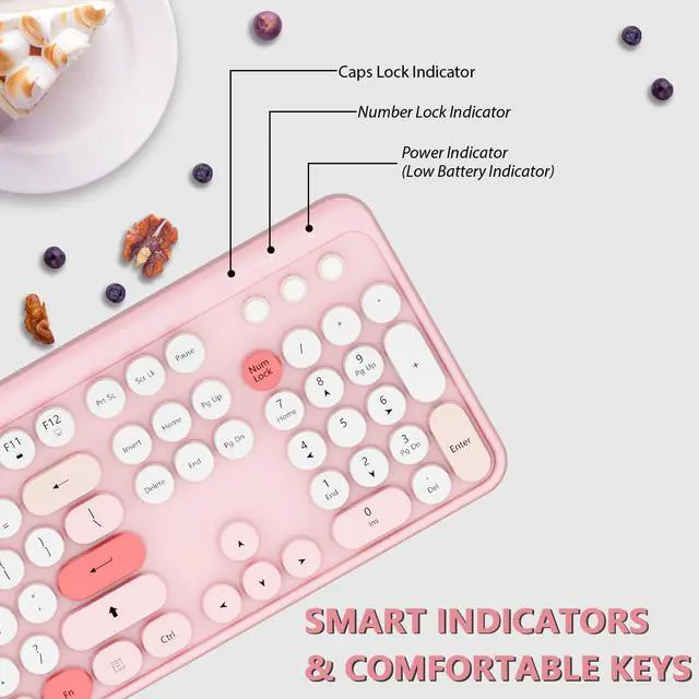 Alt view image 4 of 5 - Wireless Keyboard,KOOTOP Cute Colorful 104 Keys Typewriter Retro Round Keycaps Keyboard for PC Laptop,Desktop,Windows, Home and Office Keyboards (Pink)