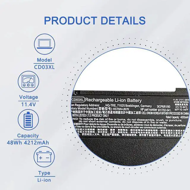 Alt view image 2 of 5 - JOTACT CD03XL Laptop Battery Compatible with HP ProBook 640 645 650 G4 G5 Series HSTNN-LB8F HSTNN-IB8B HSTNN-UB7K 931702-421 CDO3XL 931702-171 931702-541 931719-850 HSN-114C HSN-115C 48Wh 4212mAh