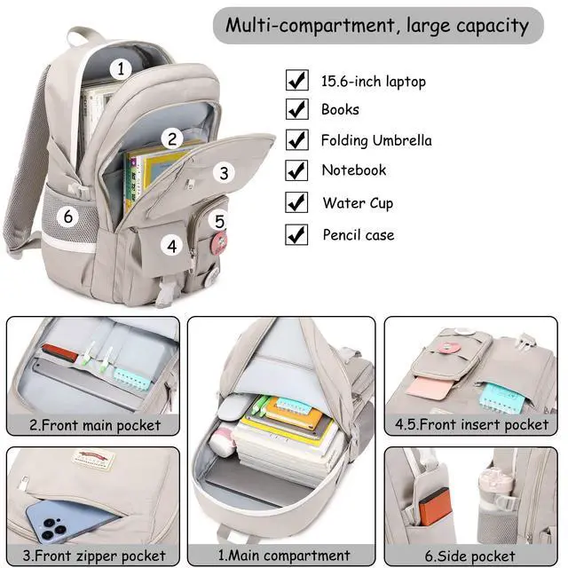 Alt view image 3 of 4 - Makukke School Backpacks for Teen Girls - Laptop Backpacks 15.6 Inch College Cute Bookbag Anti Theft Women Casual Daypack,Gray