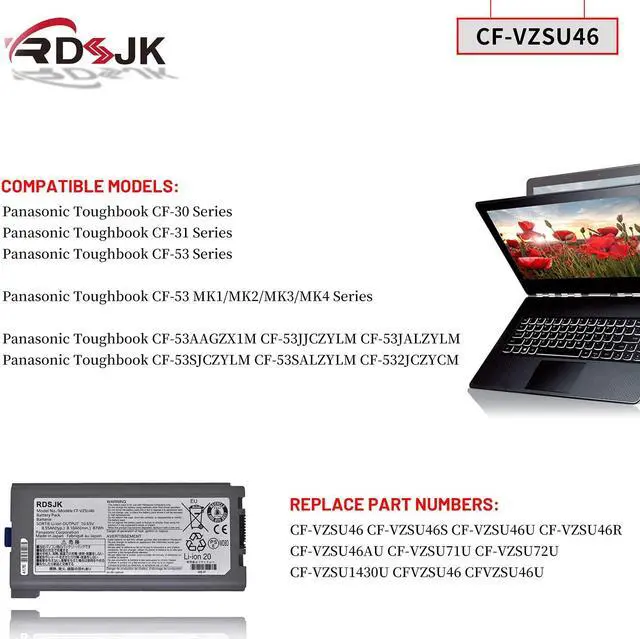 Alt view image 3 of 5 - CF-VZSU46 Laptop Battery for Panasonic Toughbook CF-30 CF-31 CF-53 CF30 CF31 CF53 CFVZSU46 CF-VZSU46R CF-VZSU46S CF-VZSU72U CF-VZSU71U CF-VZSU1430U CF-VZSU46AU CF-VZSU46U CFVZSU46U 10.65V 8550mAh