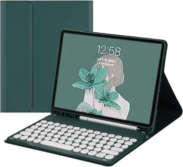 Main image of HENGHUI Keyboard Case for iPad Air 13" (M3/M2)/ iPad Pro 12.9" (6th/5th/4th/3rd Generation) Case with Cute Round Key Detachable BT Color Keyboard Cover (DarkGreen)