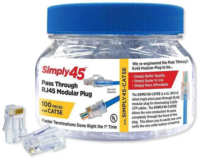 Alt view image 4 of 4 - Simply45 Unshielded Pass-Through RJ45 Modular Plugs - 24AWG Solid for CAT5e UTP Cables and 28-26AWG Stranded - Light Blue Tint - 100 Piece Jar - S45-1500