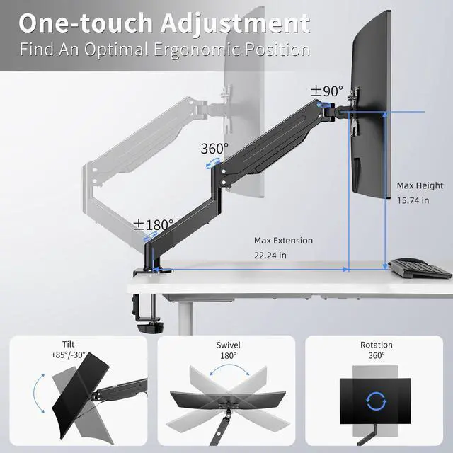 Alt view image 3 of 5 - Suptek Single Monitor Mount,Adjustable Gas Spring Monitor Arm Desk Mount Monitor Stand Fits 17 20 22 23 24 26 27 32 33 inch Monitors,Holds up to 22 lbs, Black(MD18)