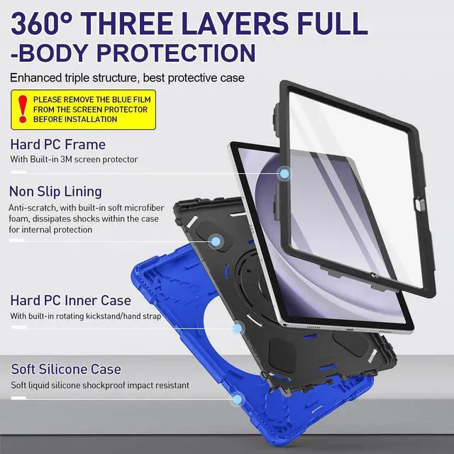 Alt view image 2 of 5 - SUPFIVES Case for Samsung Galaxy Tab A9 Plus 11 Inch 2023, Liquid Silicone Heavy Duty Shockproof Protector Tab A9 Plus Cover with 360°Rotating Stand+ Hand Strap+ S-Pen Holder+ Shoulder Strap, Blue