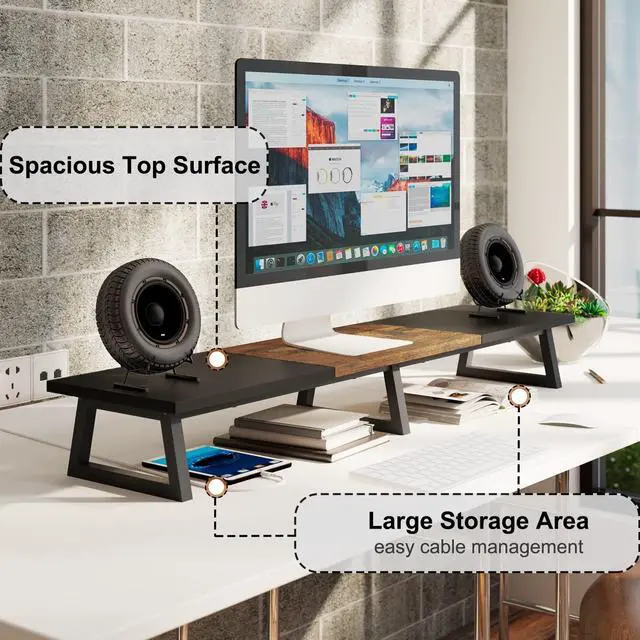 Alt view image 2 of 5 - TEAMIX 42 inch Large Dual Monitor Riser, Extra Long Monitor Stand Riser for 2 Monitors, Wood & Steel Desktop Riser Desk Organization Home Office (Black+Brown, 42 inch)