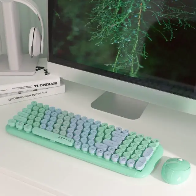 Alt view image 4 of 5 - Wireless Keyboards and Mouse Combos, UBOTIE Colorful Gradient Rainbow Colored Retro Typewriter Flexible Keyboard, 2.4GHz Connection and Optical Mouse (New Green Colorful)