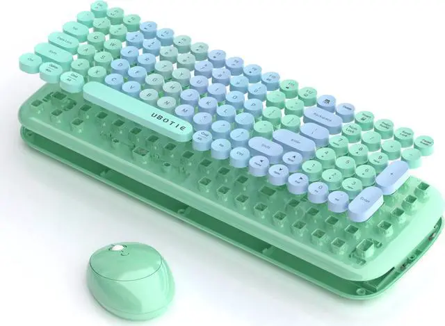 Alt view image 5 of 5 - Wireless Keyboards and Mouse Combos, UBOTIE Colorful Gradient Rainbow Colored Retro Typewriter Flexible Keyboard, 2.4GHz Connection and Optical Mouse (New Green Colorful)