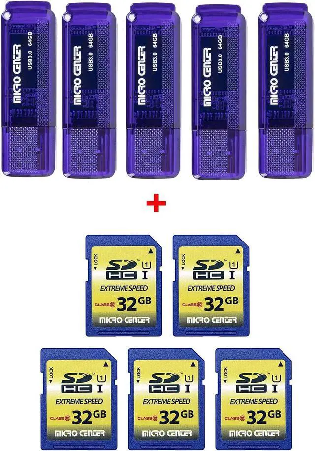 Main image of INLAND Micro Center SuperSpeed 5 Pack 64GB USB 3.0 Flash Drive+10 Pack 32GB Class 10 SDHC Flash Memory Card