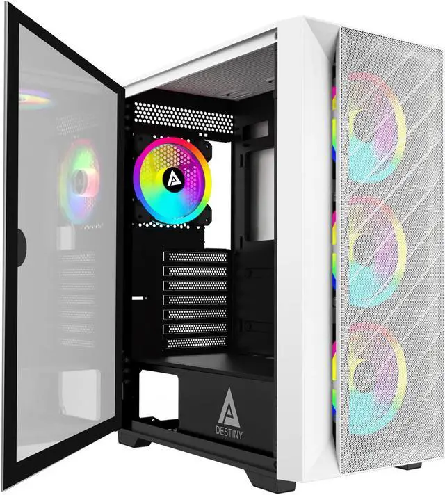 Main image of Apevia Destiny-MESH-WH Destiny Mesh Mid Tower Gaming PC Case w/ 4X 120mm ARGB Fans, 366 RGB Light Modes, 1x Metal Mesh Front Panel, 1x Door Swivel Style Magnetic Glass Side Panel, 2X USB3.0, White