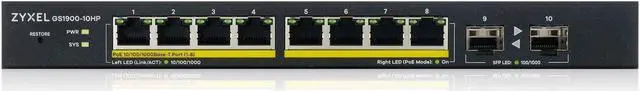 Alt view image 2 of 5 - Zyxel 8-Port PoE Gigabit Switch | Smart-Managed | 8x PoE+ @77W | 2x SFP | Desktop or Wall Mount [GS1900-10HP]