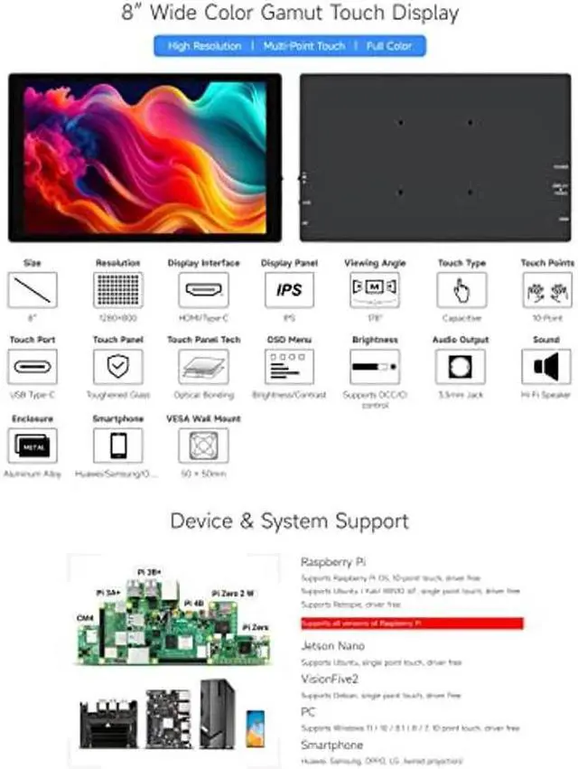 Alt view image 3 of 5 - Waveshare 8inch Capacitive Touch Display, 1280x800 Resolution, Supports All Versions of Raspberry Pi, Supports Jetson Nano, VisionFive2, PC and Smartphone