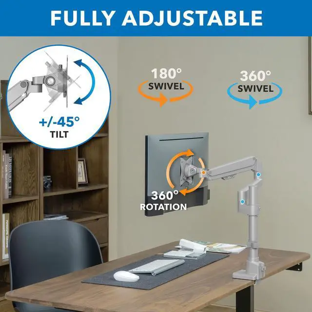 Alt view image 5 of 5 - Mount-It! Single Monitor Desk Mount | Pole Mounted Gas Spring Monitor Arm | Premium Height Adjustable Computer Display Riser, Silver