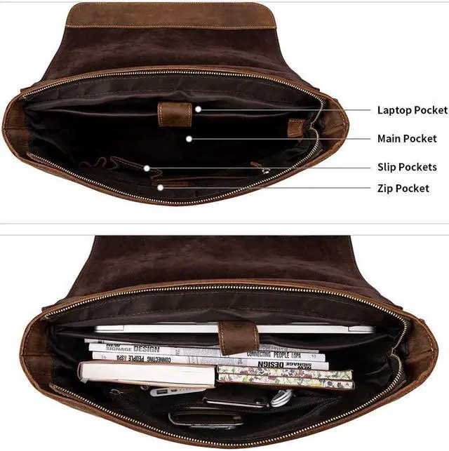 Alt view image 5 of 5 - Kattee Men's Leather Satchel Briefcase, 15.6" Laptop Messenger Shoulder Bag Tote