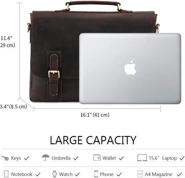 Alt view image 3 of 5 - Kattee Men's Leather Satchel Briefcase, 15.6" Laptop Messenger Shoulder Bag Tote