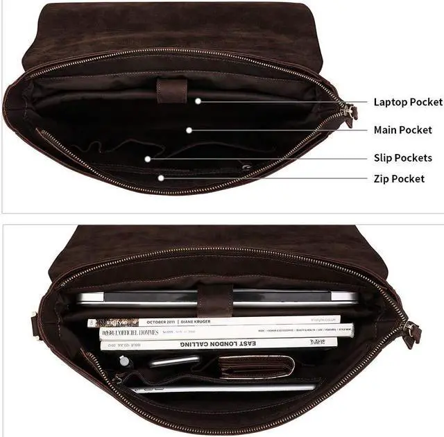 Alt view image 4 of 5 - Kattee Men's Leather Satchel Briefcase, 15.6" Laptop Messenger Shoulder Bag Tote