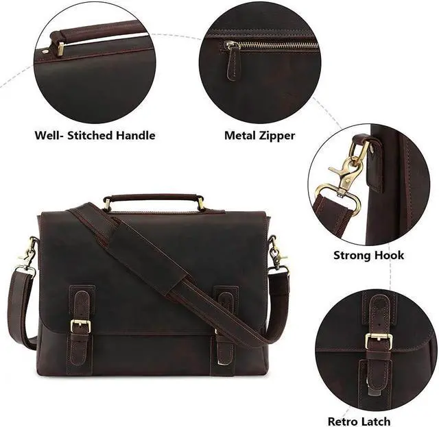 Alt view image 5 of 5 - Kattee Men's Leather Satchel Briefcase, 15.6" Laptop Messenger Shoulder Bag Tote