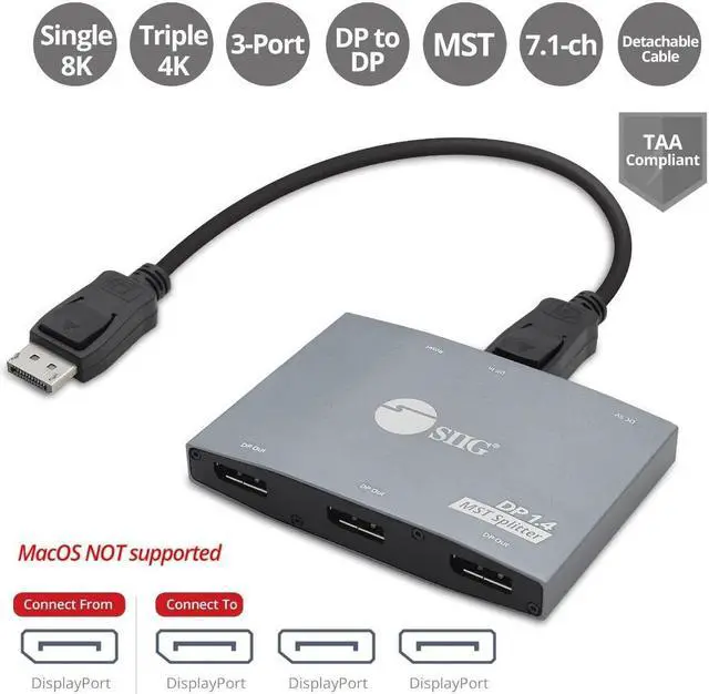 Alt view image 2 of 5 - SIIG 3-Port DisplayPort 1.4 Splitter 4K @30Hz- DP 1.4 to 3x DP Multi Monitor Adapter- Dual 4K60Hz or Triple 4K (4K30Hz or 1x 4K60Hz + 2x 4K30Hz),Mac OS supports mirror only,TAA compliant(CE-DP0S11-S1)