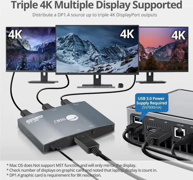 Alt view image 3 of 5 - SIIG 3-Port DisplayPort 1.4 Splitter 4K @30Hz- DP 1.4 to 3x DP Multi Monitor Adapter- Dual 4K60Hz or Triple 4K (4K30Hz or 1x 4K60Hz + 2x 4K30Hz),Mac OS supports mirror only,TAA compliant(CE-DP0S11-S1)