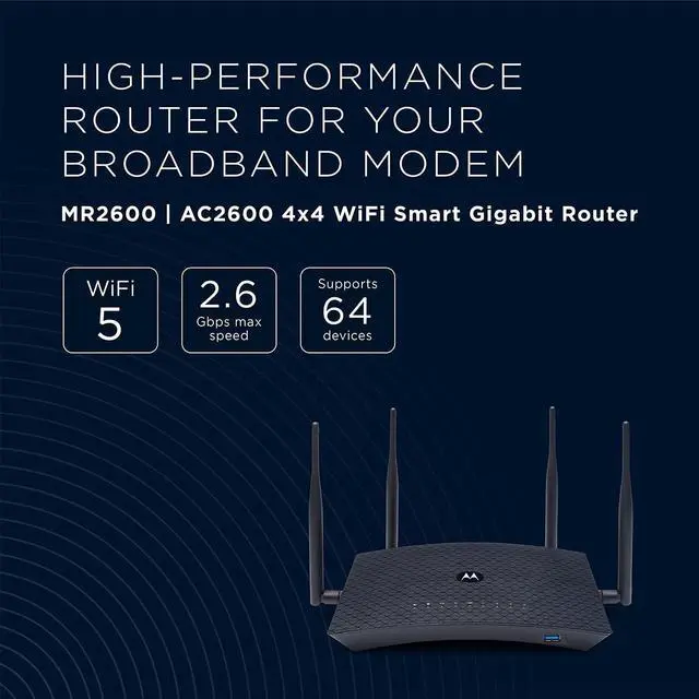 Alt view image 2 of 5 - Motorola AC2600 4x4 WiFi Smart Gigabit Router with Extended Range, Model MR2600