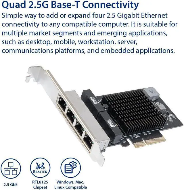 Alt view image 2 of 5 - IO CREST Quad 2.5 Gigabit Ethernet PCI Express PCI-E Network Interface Card 10/100/1000/25000 Mbps RJ45 LAN Realtek RTL8125 Chipset, Black (SI-PEX24077)