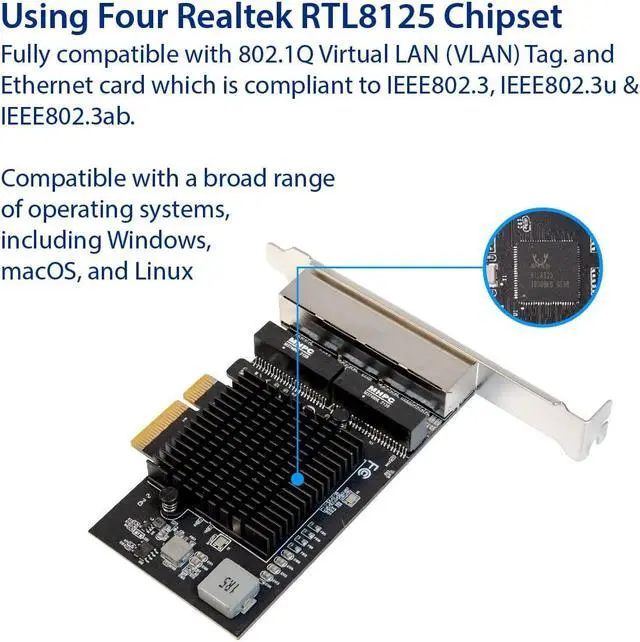 Alt view image 3 of 5 - IO CREST Quad 2.5 Gigabit Ethernet PCI Express PCI-E Network Interface Card 10/100/1000/25000 Mbps RJ45 LAN Realtek RTL8125 Chipset, Black (SI-PEX24077)