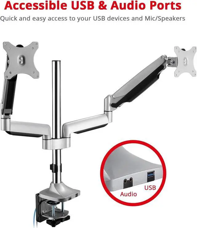 Alt view image 3 of 5 - SIIG Dual Monitor Stand for 13" to 32", Premium Desk Mount with USB and Audio Ports, Height Adjustable, Tilt and Swivel, Max VESA 100x100mm, C-Clamp, Each Arm Holds 19.8 lbs (CE-MT2X11-S1)
