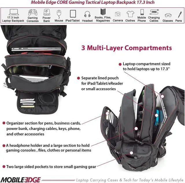 Alt view image 2 of 5 - Mobile Edge Core Gaming Tactical Backpack for Men and Women, 17 Inch Laptop Travel Computer Gear Bag, Water-Resistant Cover, Black, Large