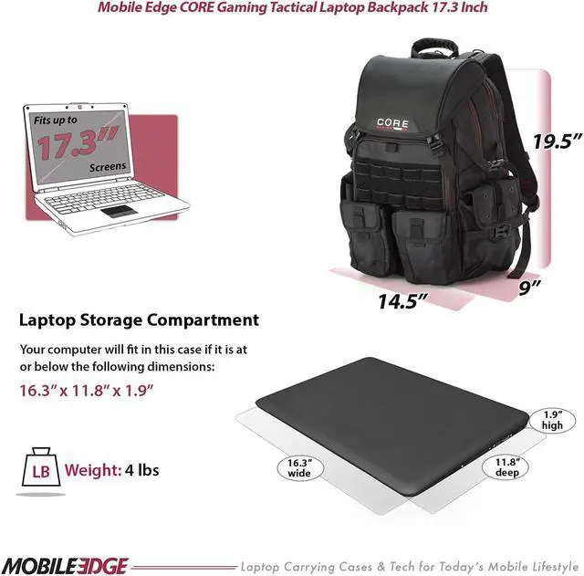 Alt view image 5 of 5 - Mobile Edge Core Gaming Tactical Backpack for Men and Women, 17 Inch Laptop Travel Computer Gear Bag, Water-Resistant Cover, Black, Large