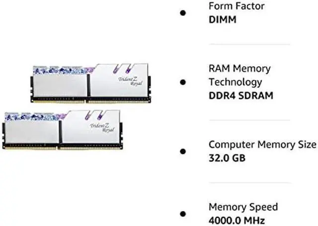 Alt view image 4 of 4 - G.SKILL Trident Z Royal Series (Intel XMP) DDR4 RAM 32GB (2x16GB) 4000MT/s CL18-22-22-42 1.40V Desktop Computer Memory UDIMM - Silver (F4-4000C18D-32GTRS)