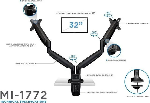 Alt view image 4 of 5 - Mount-It! Dual Monitor Arm Mount | Desk Stand | Two Articulating Gas Spring Height Adjustable Arms | Fits 2 x 24 27 29 30 32 Inch VESA 75 100 Compatible Screens | C-Clamp and Grommet Bases (Black)