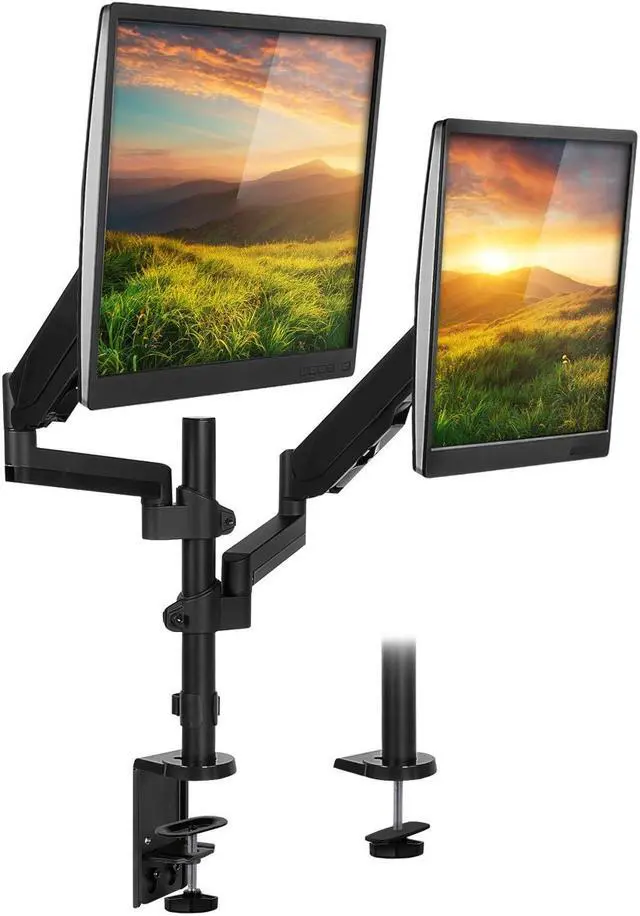 Main image of Mount-It! Dual Monitor Desk Mount - Gas Spring Arms for Stacked or Side-by-Side Screens, Fully Adjustable Two Monitor Stand for 13"-32" Displays, VESA Compatible, Clamp & Grommet Base