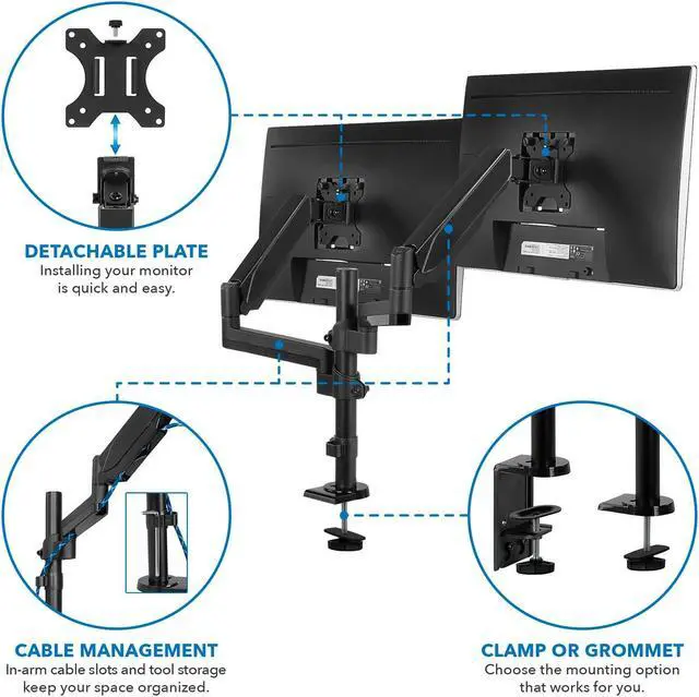 Alt view image 4 of 5 - Mount-It! Dual Monitor Desk Mount - Gas Spring Arms for Stacked or Side-by-Side Screens, Fully Adjustable Two Monitor Stand for 13"-32" Displays, VESA Compatible, Clamp & Grommet Base