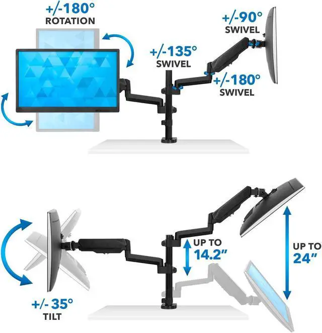 Alt view image 5 of 5 - Mount-It! Dual Monitor Desk Mount - Gas Spring Arms for Stacked or Side-by-Side Screens, Fully Adjustable Two Monitor Stand for 13"-32" Displays, VESA Compatible, Clamp & Grommet Base