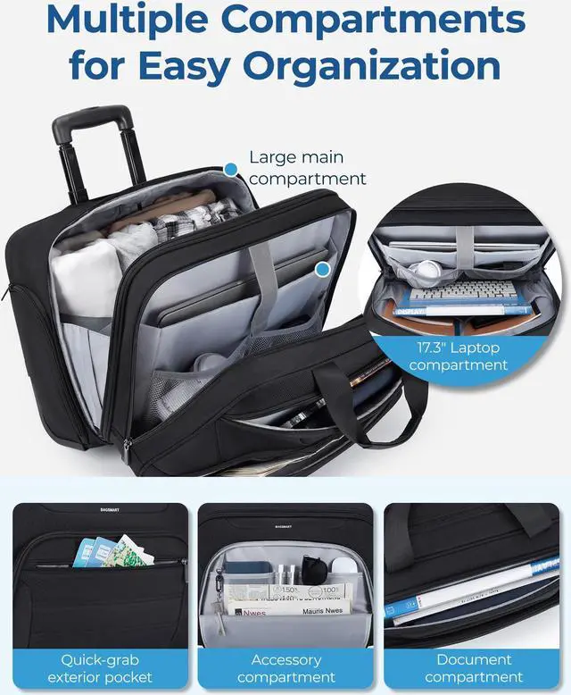 Alt view image 2 of 5 - BAGSMART Rolling Laptop Bag, Wheeled Briefcase Fits 17.3 Inch Laptop, Overnight Roller Case with TSA Lock, Computer Bag for Travel/Men/Women, Black