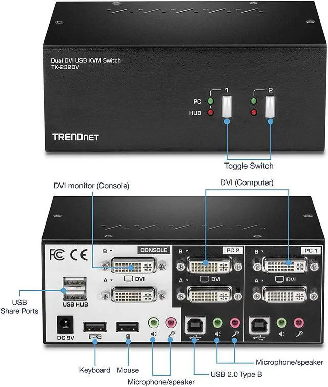 Alt view image 5 of 5 - TRENDnet 2-Port Dual Monitor DVI KVM Switch with Audio, 2-Port USB 2.0 Hub, Digital Resolutions up to 1920 x 1200, Analog Resolutions up to 2048 x 1536, TK-232DV