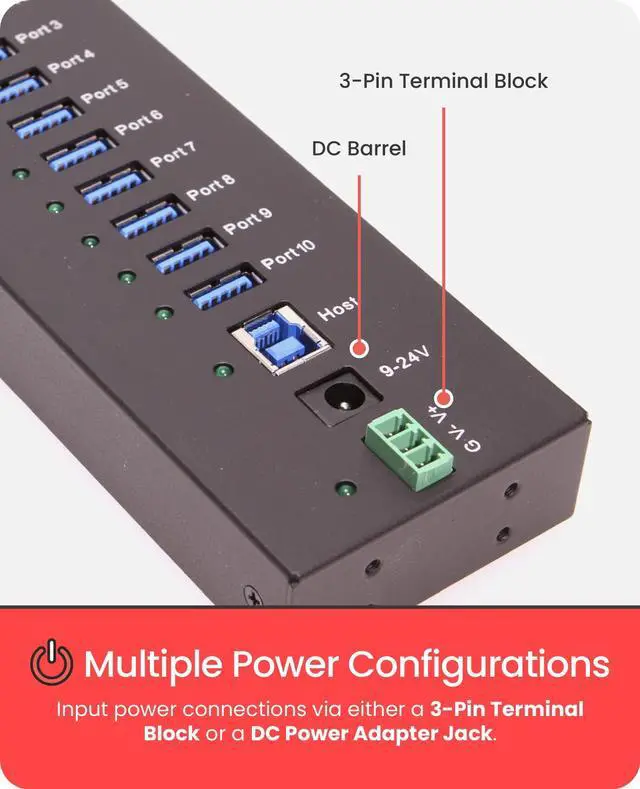 Alt view image 3 of 5 - USB 3.2 Gen 1 10 Port Industrial Metal Hub w/15KV ESD Protection