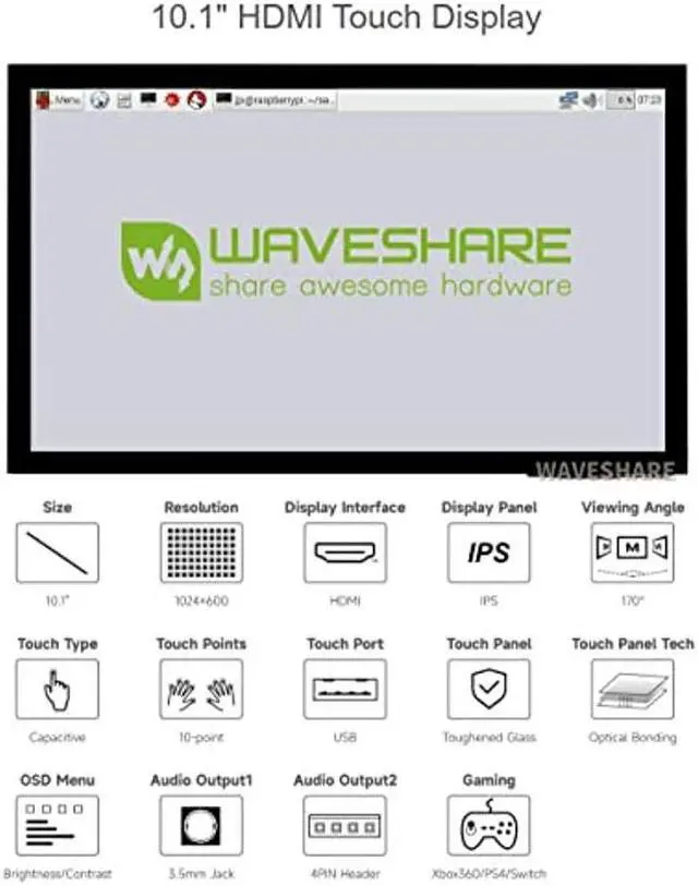 Alt view image 3 of 5 - waveshare 10.1inch Capacitive Touch Screen LCD Compatible with Raspberry Pi 5/4B/3B+/3A+/2B/B+/A+/Zero/Zero W/WH/Zero 2W CM3+/4 1024x600, HDMI IPS 10-Points Touch Supports Windows/Jetson Nano