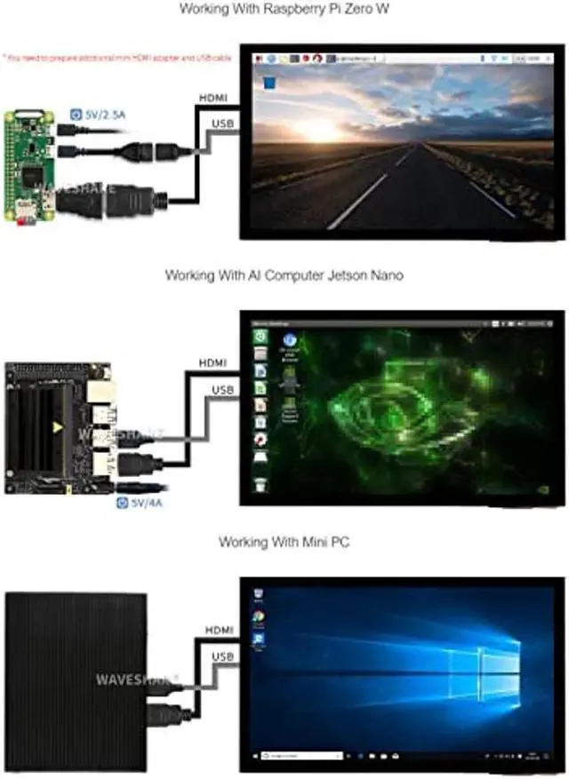 Alt view image 5 of 5 - waveshare 10.1inch Capacitive Touch Screen LCD Compatible with Raspberry Pi 5/4B/3B+/3A+/2B/B+/A+/Zero/Zero W/WH/Zero 2W CM3+/4 1024x600, HDMI IPS 10-Points Touch Supports Windows/Jetson Nano
