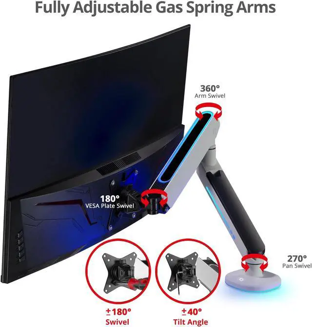 Alt view image 3 of 5 - SIIG Single Arm Desk Mount Monitor Stand with Built-in RGB Lights, Premium Gas Spring, VESA 75x75 100x100, for 17" to 34", Up to 19 lbs, Flat or Curved Screen (CE-MT3J11-S2)