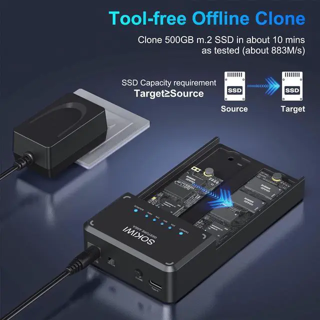 Alt view image 2 of 5 - NVMe M.2 Duplicator Dual-Bay Offline Clone Tool-Free, Sokiwi 10Gbps NVMe Docking Station with Cooling Fan,NVMe M.2 SSD Enclosure for NVMe PCIe Size 2230/2242/2260/2280(up to 8TB)