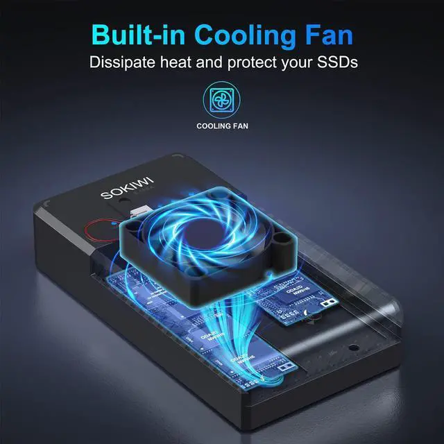 Alt view image 4 of 5 - NVMe M.2 Duplicator Dual-Bay Offline Clone Tool-Free, Sokiwi 10Gbps NVMe Docking Station with Cooling Fan,NVMe M.2 SSD Enclosure for NVMe PCIe Size 2230/2242/2260/2280(up to 8TB)