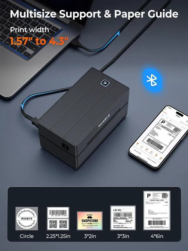 Alt view image 4 of 5 - MUNBYN Bluetooth Thermal Label Printer, 130B Wireless 4x6 Shipping Label Printer for Shipping Packages Small Business Office or Home, Compatible with iPhone Android iPad Windows macOS Chrome Etsy eBay