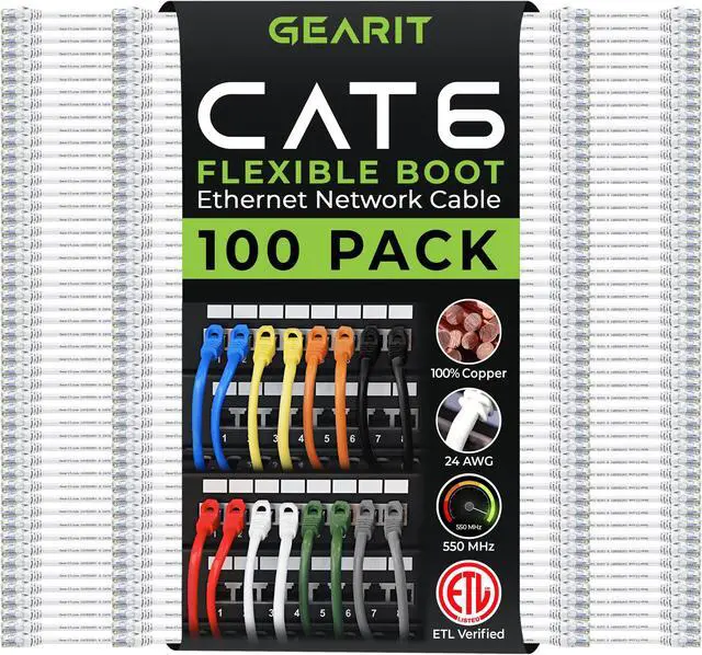 Main image of GEARit 100-Pack Cat6 Patch Cable 0.5 Foot / 6 Inches Cat 6 Ethernet Cable Snagless Flexible Soft Tab - Premium Series - White