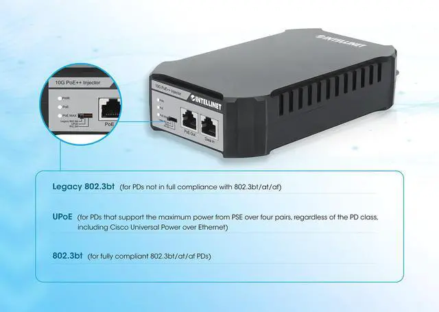 Alt view image 2 of 5 - Intellinet 10G Poe++ Injector - 95W Power Over Ethernet Output, Supports Up to 328ft, 10GBASE-T RJ45 Ethernet Port, Wall Mountable, Rubber - 3 Yr Mfg Warranty - 561945