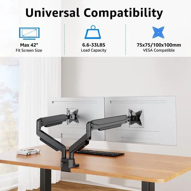 Alt view image 3 of 5 - MOUNTUP Dual Monitor Mount fits 17''-42'' Ultrawide Screen, Holds 6.6-33lbs, Dual Monitor Arm Desk Mount, Heavy Duty Gas Spring Monitor Stand for 2 Monitors, Vesa Mount with Clamp/Grommet Base