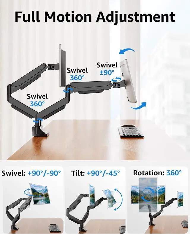 Alt view image 4 of 5 - MOUNTUP Dual Monitor Mount fits 17''-42'' Ultrawide Screen, Holds 6.6-33lbs, Dual Monitor Arm Desk Mount, Heavy Duty Gas Spring Monitor Stand for 2 Monitors, Vesa Mount with Clamp/Grommet Base