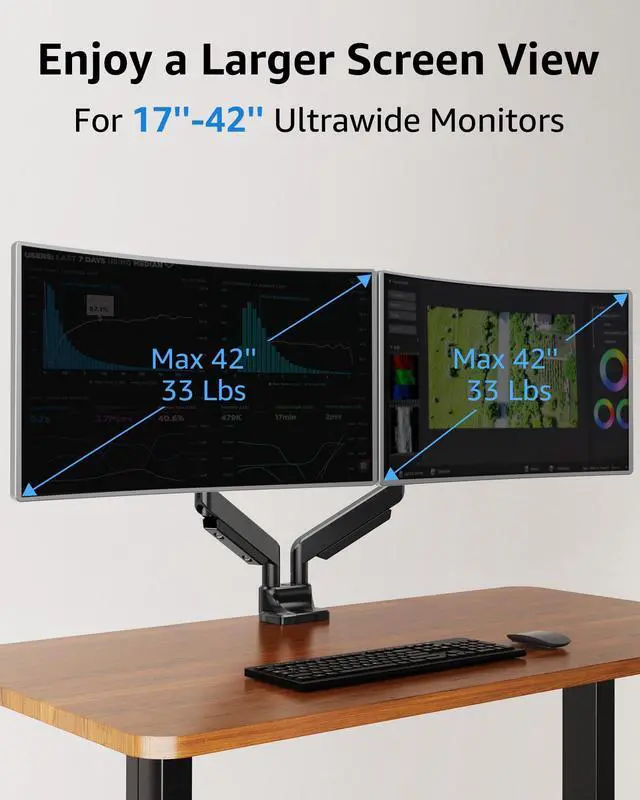 Alt view image 2 of 5 - MOUNTUP Dual Monitor Mount fits 17''-42'' Ultrawide Screen, Holds 6.6-33lbs, Dual Monitor Arm Desk Mount, Heavy Duty Gas Spring Monitor Stand for 2 Monitors, Vesa Mount with Clamp/Grommet Base