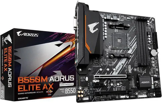 Main image of GIGABYTE B550M AORUS Elite AX (rev 1.3) Motherboard, Supports AMD AM4 Ryzen 5000 Processors, Micro-ATX, DDR4, Single M.2, SATA 6Gb/s, Realtek GbE LAN, PCIe 4.0