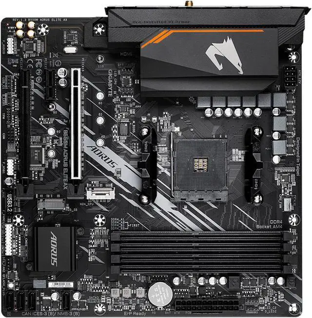 Alt view image 4 of 5 - GIGABYTE B550M AORUS Elite AX (rev 1.3) Motherboard, Supports AMD AM4 Ryzen 5000 Processors, Micro-ATX, DDR4, Single M.2, SATA 6Gb/s, Realtek GbE LAN, PCIe 4.0