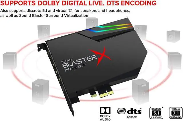 Alt view image 2 of 5 - Creative Sound BlasterX AE-5 Plus SABRE32-class Hi-res 32-bit/384 kHz PCIe Gaming Sound Card and DAC with Dolby Digital and DTS, Xamp Discrete Headphone Bi-amp, Up to 122dB SNR, RGB Lighting System